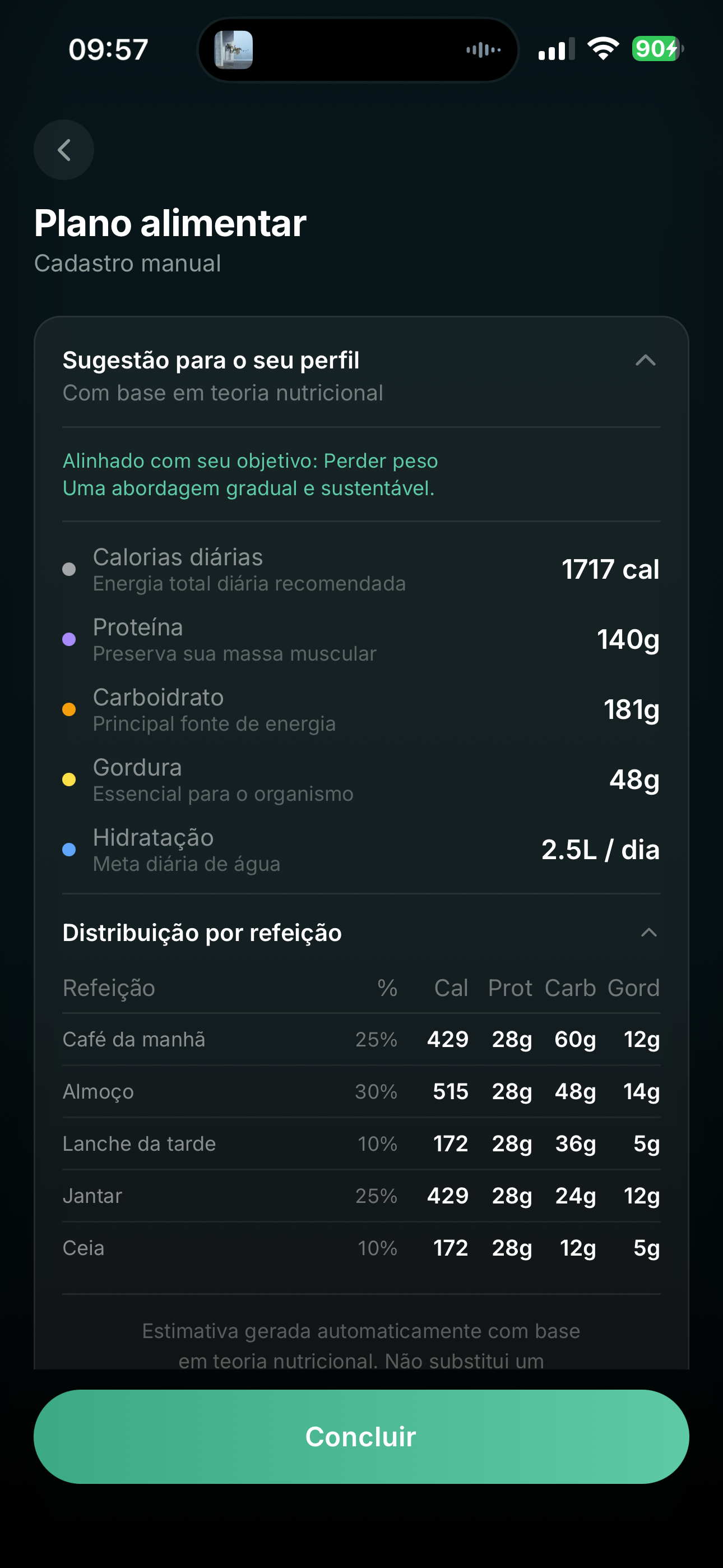 Cadastro de plano alimentar — passo 1