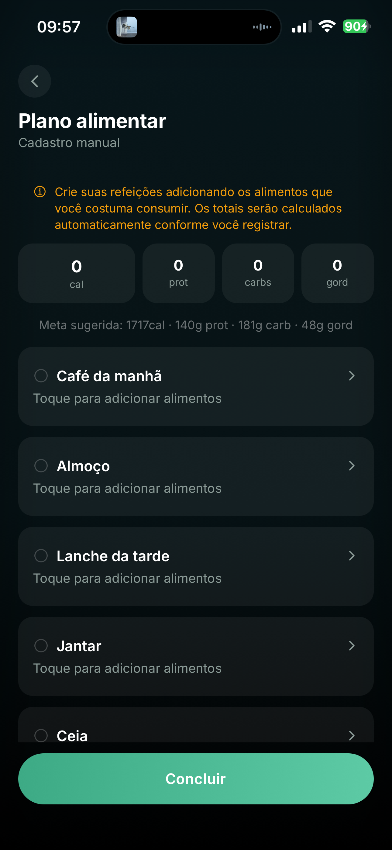 Cadastro de plano alimentar — passo 2