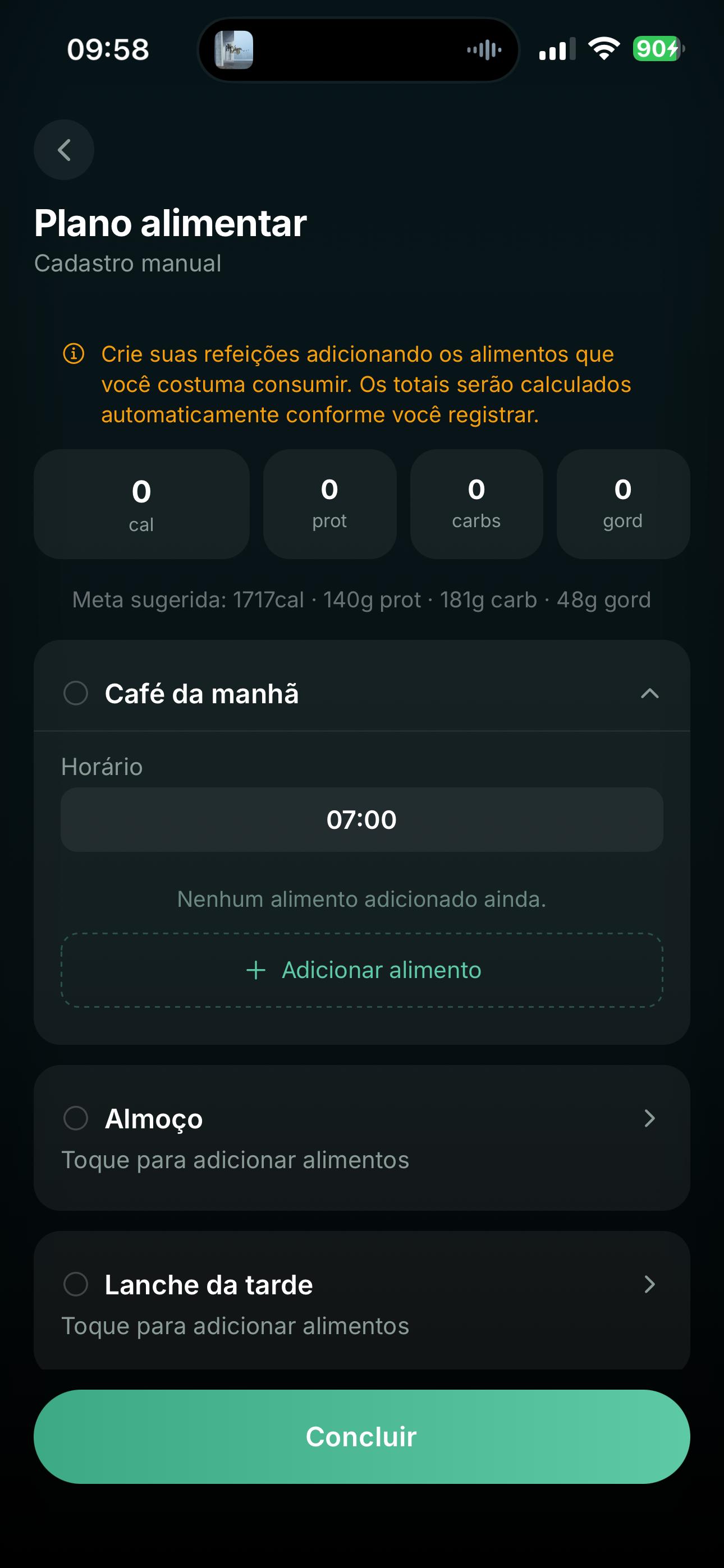 Cadastro de plano alimentar — passo 3