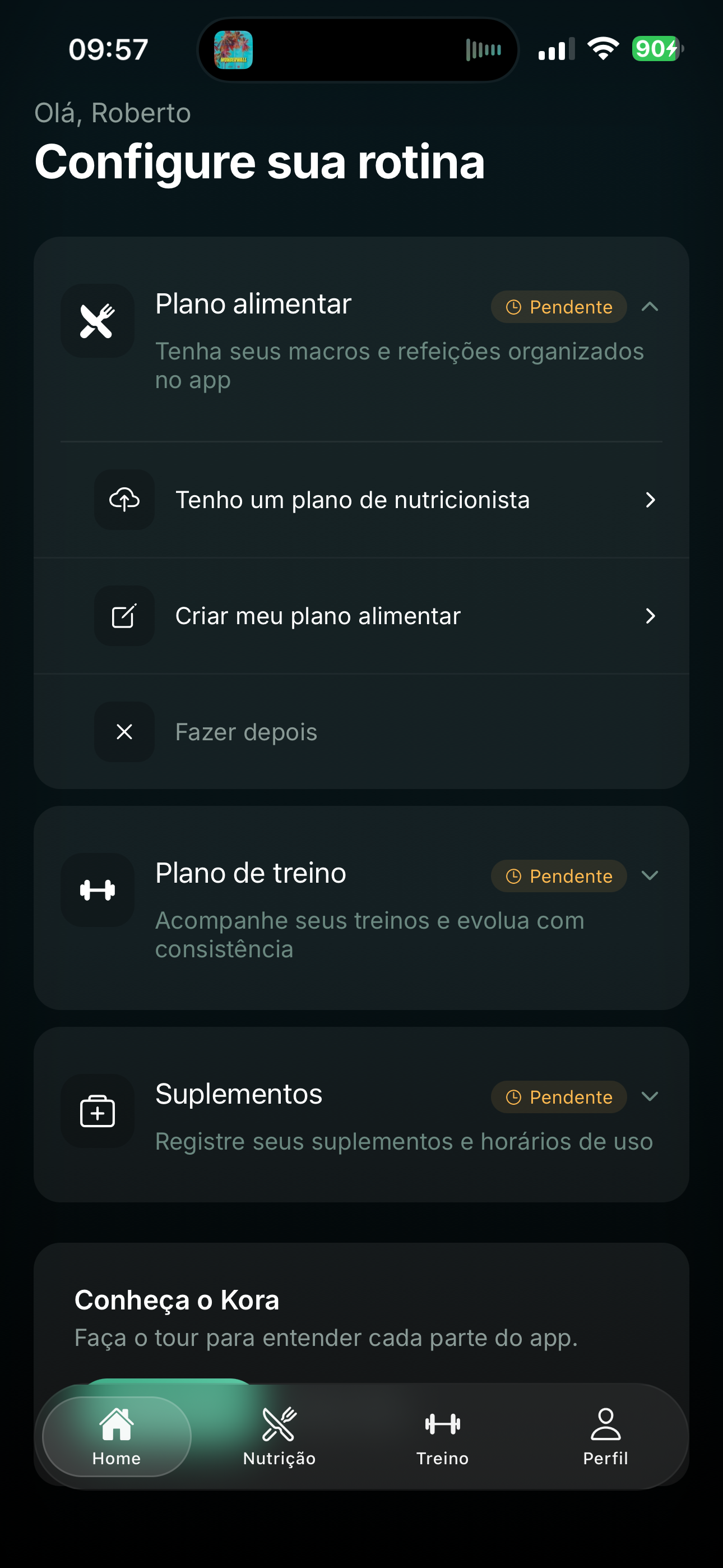 Checklist de configuração expandido com opções