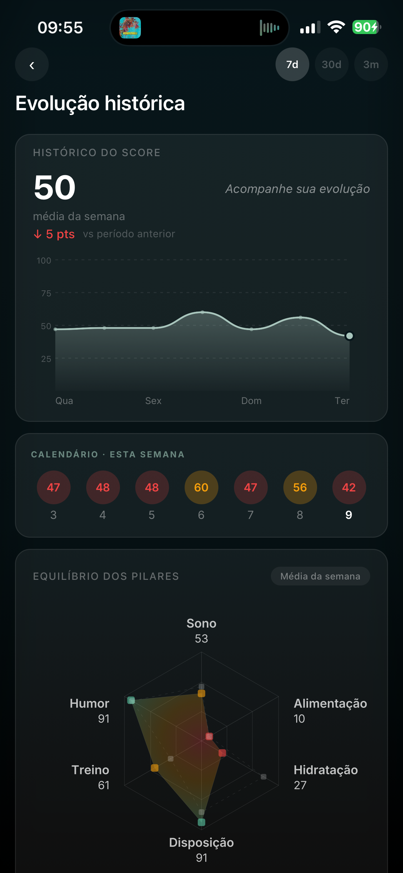 Tela de evolução — score