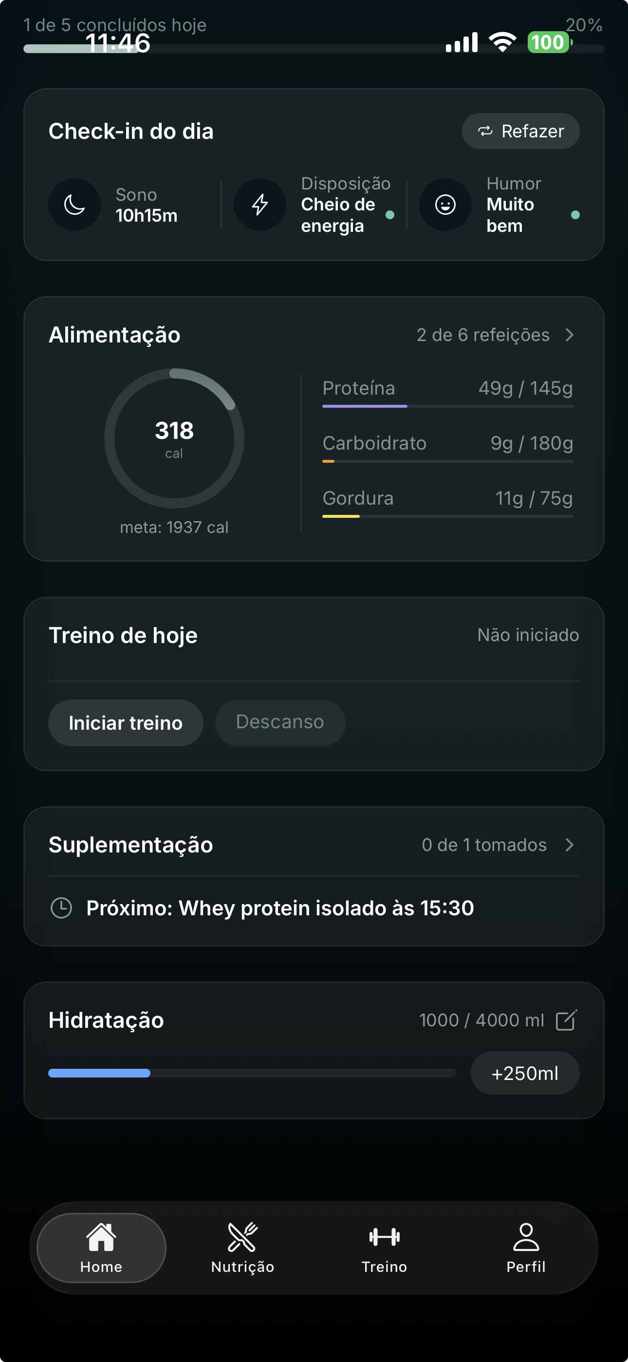 Card de hidratação na tela inicial