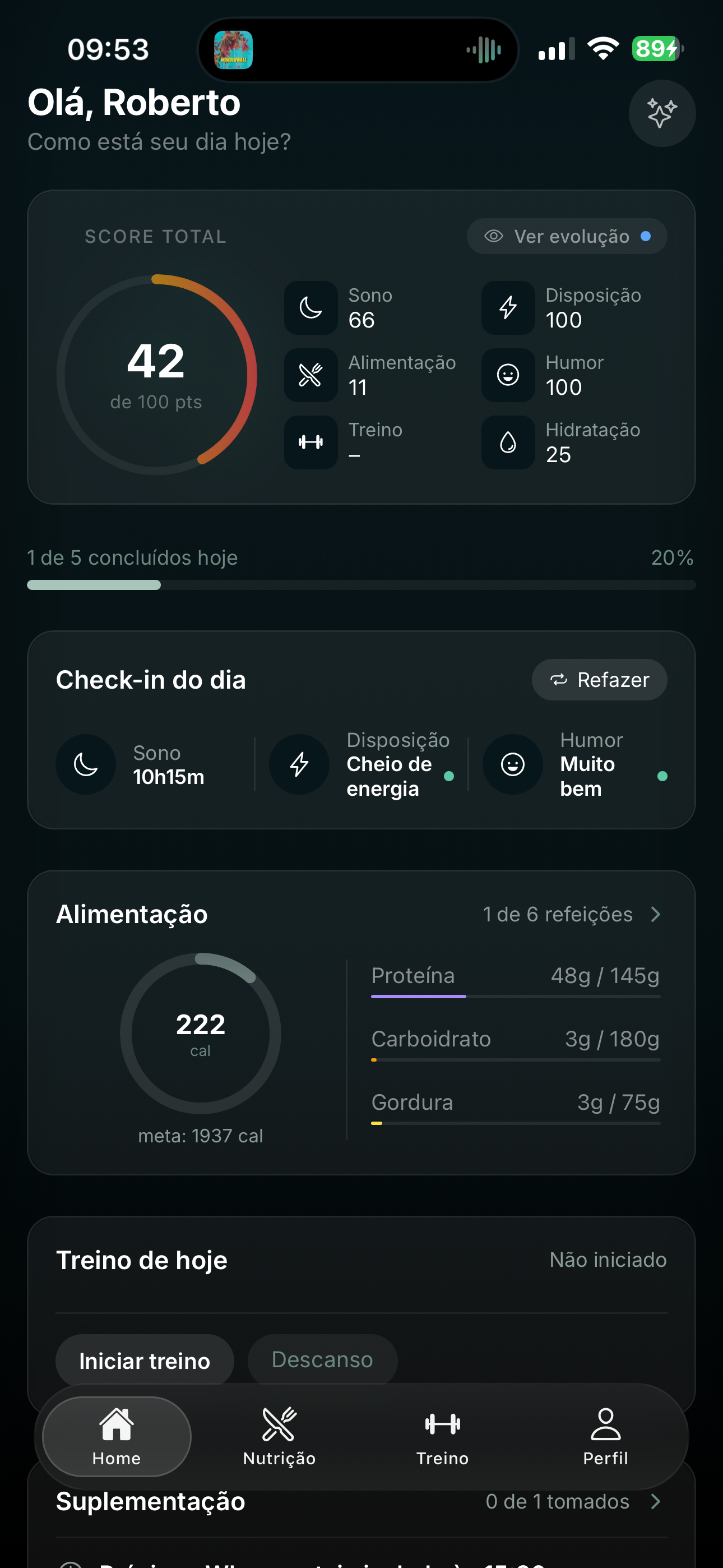 Tela inicial do Tribbo com score e cards do dia