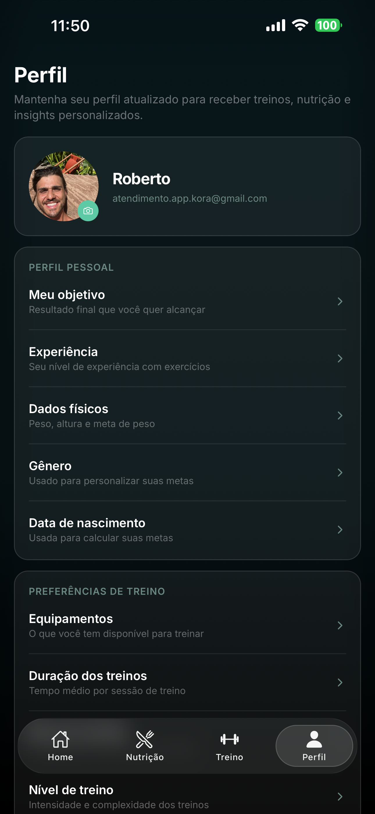 Perfil — dados pessoais