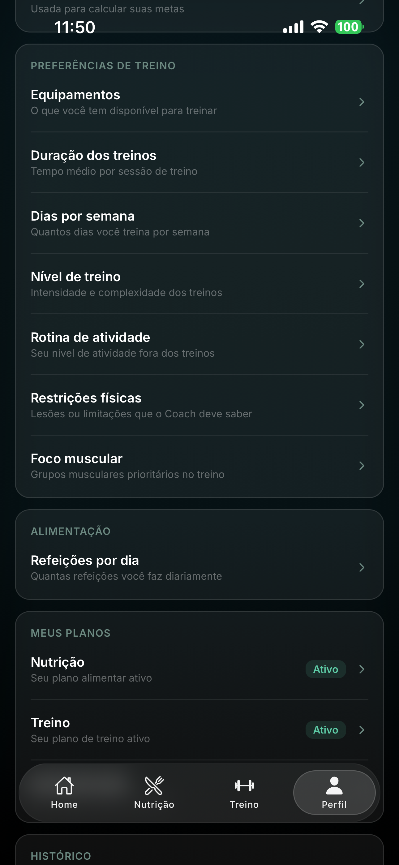 Perfil — preferências de treino