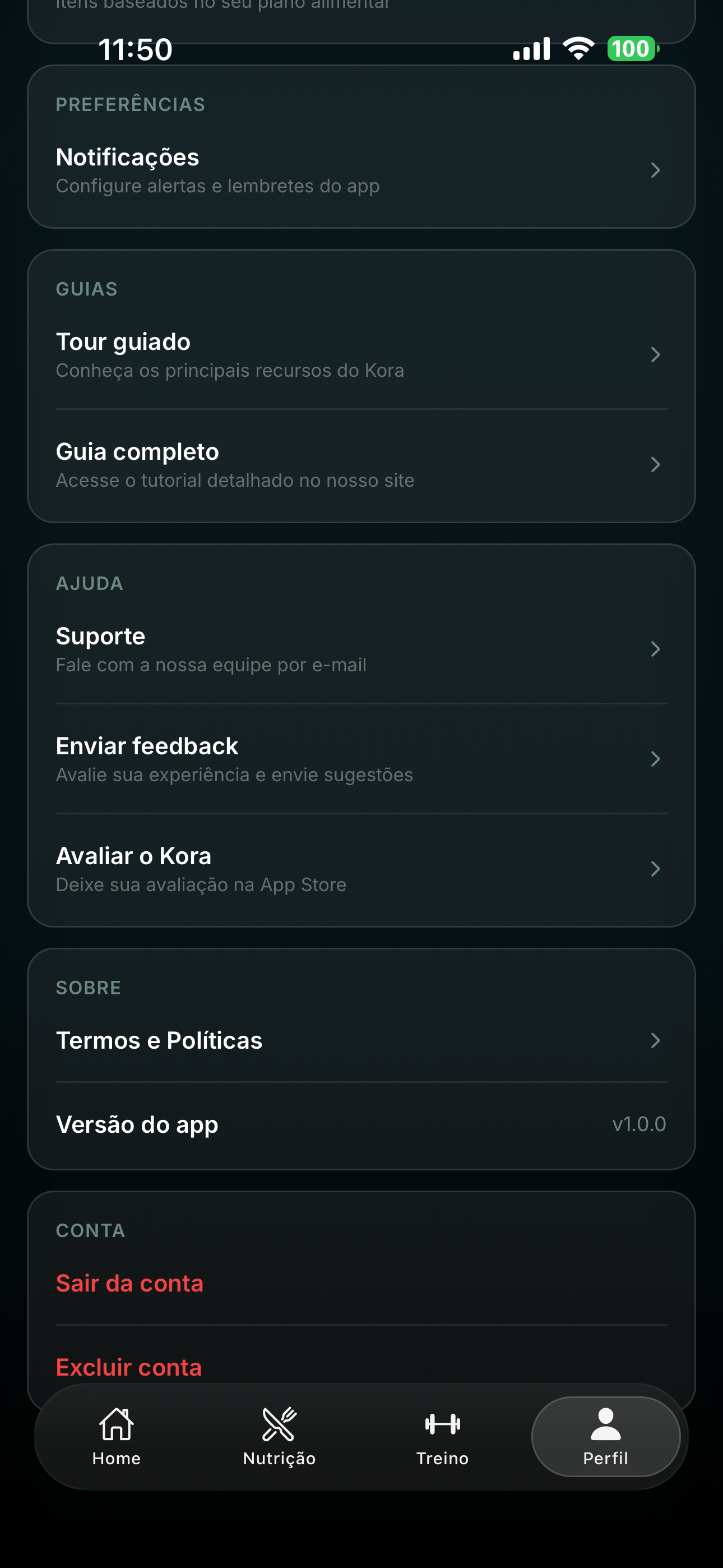 Perfil — configurações